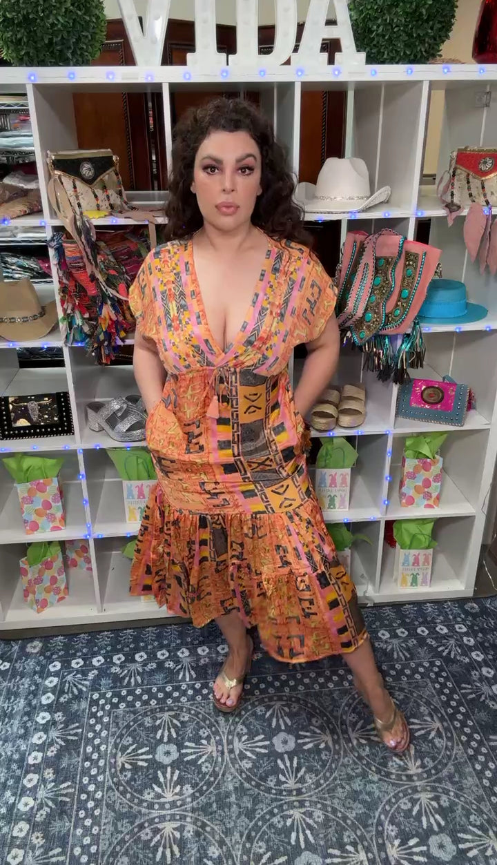 Vestido Naranja y Amarillo Satinado Bohemio Maxi (#183)