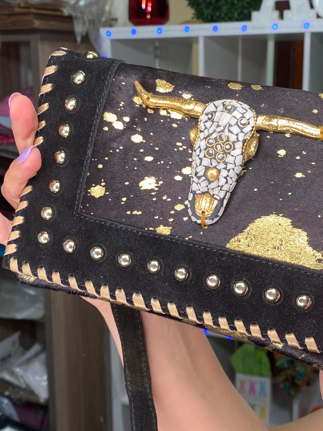 Bolsa Negra y Dorado Pelo Cabeza Toro Piel (#109)