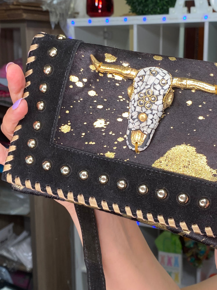 Bolsa Negra y Dorado Pelo Cabeza Toro Piel (#109)