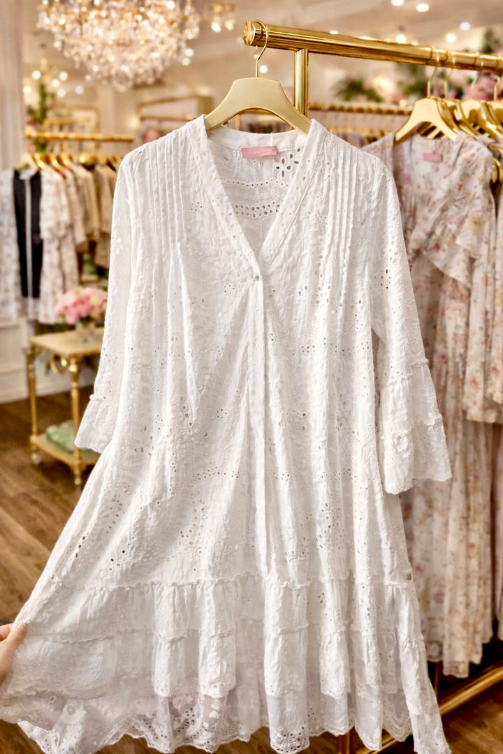 Vestido Verde Esmeralda Eyelet Encaje Bordado con Cinto Suelto (#133)