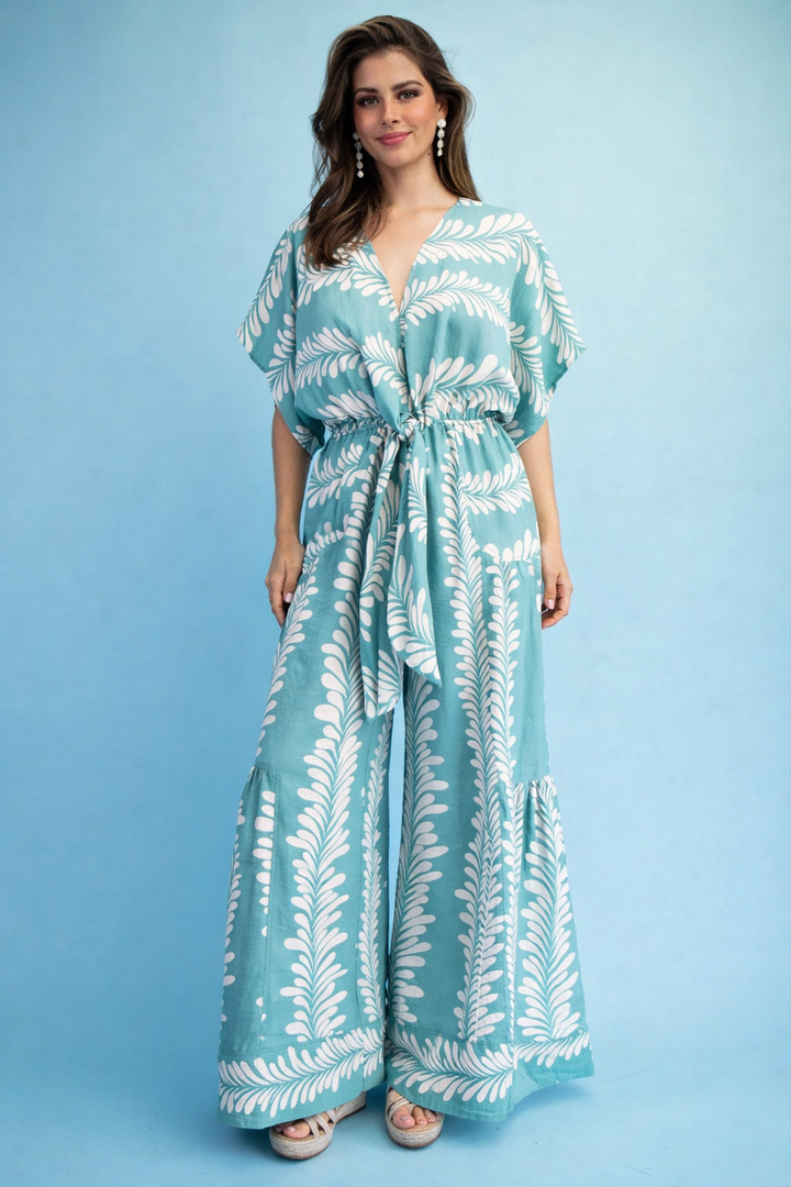 enterizo menta y blanco tropical pierna campana (#132)