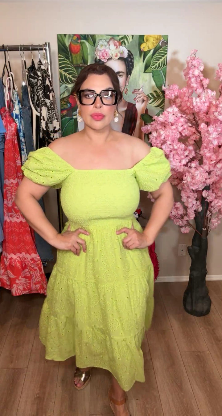 Vestido Verde Eyelet Manga Balloon (#436)