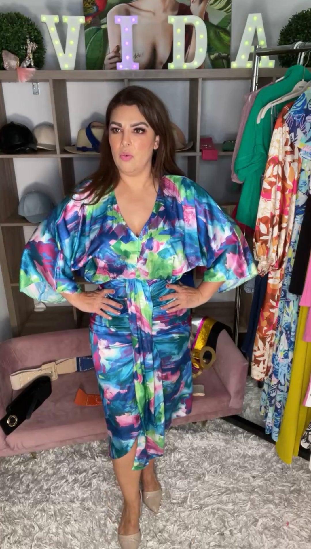 Vestido Azules y Magenta Satinado Midi (#356)