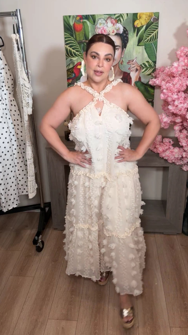 Vestido Beige Cruze Frontal 3D Flores Maxi (#128)