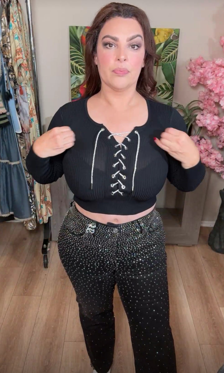 Blusa negra cintas pedrería estilo corset stretch