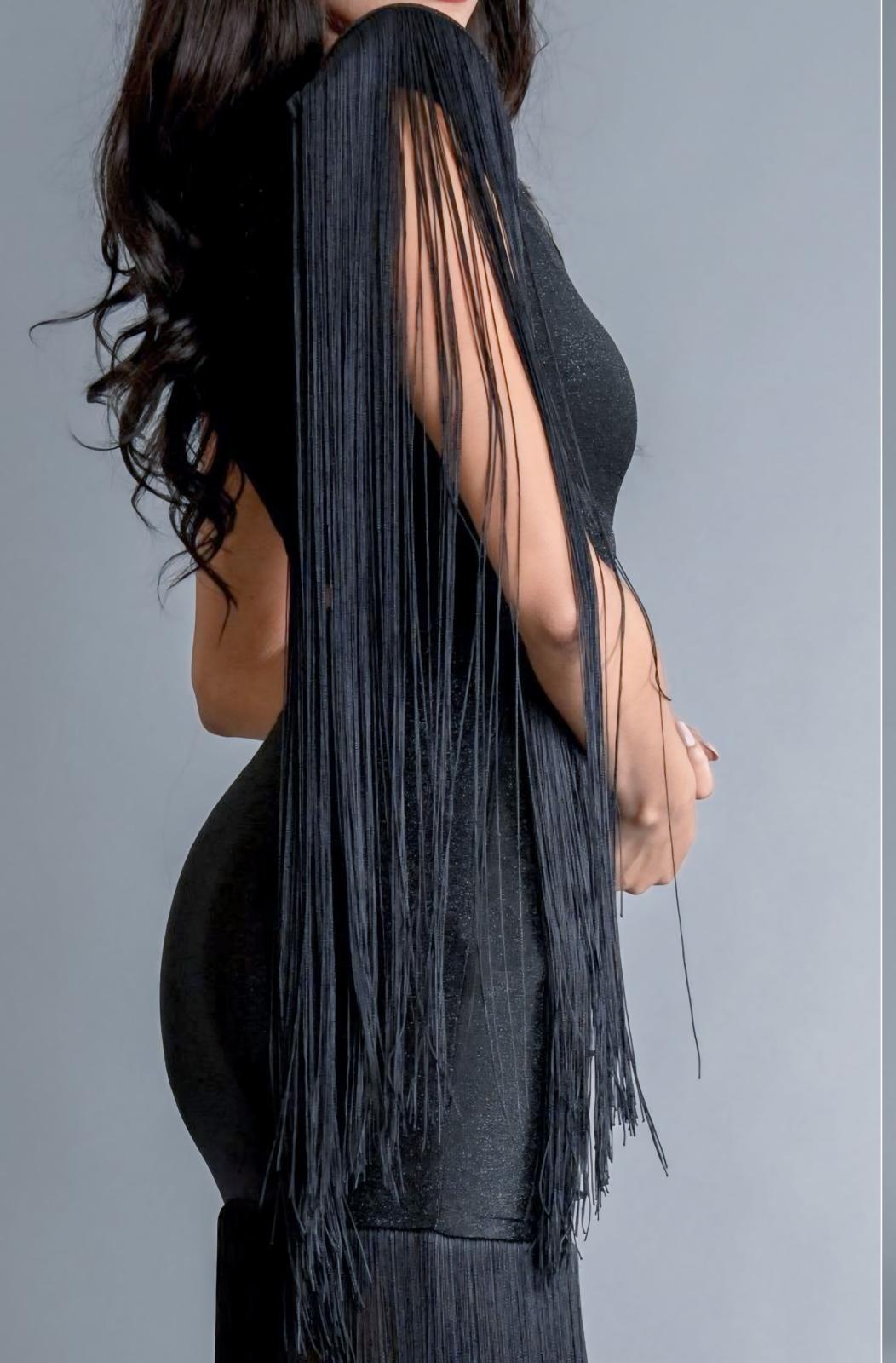 Vestido Negro Stretch Metalico Barbas Tulum Lux (#203)