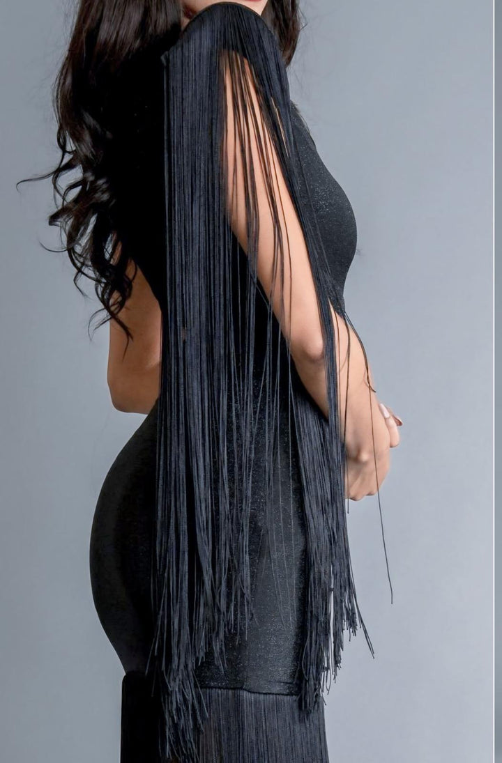 Vestido Negro Stretch Metalico Barbas Tulum Lux (#203)