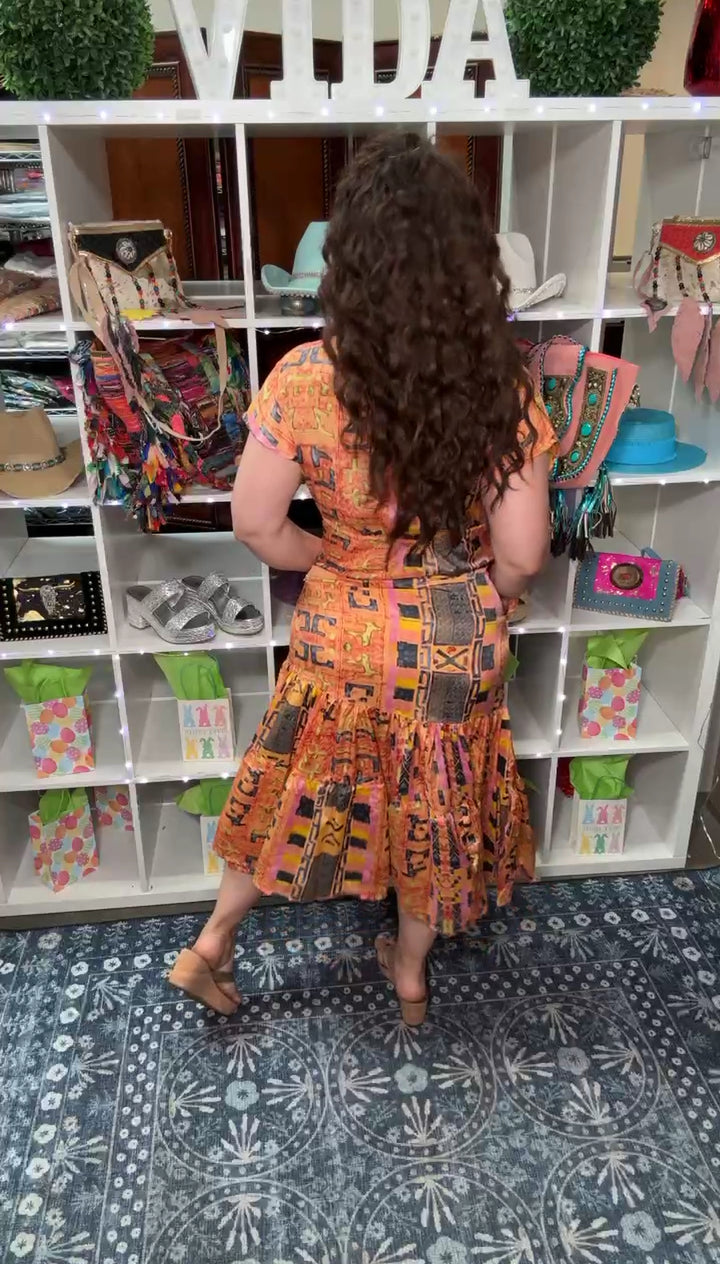Vestido Naranja y Amarillo Satinado Bohemio Maxi (#183)