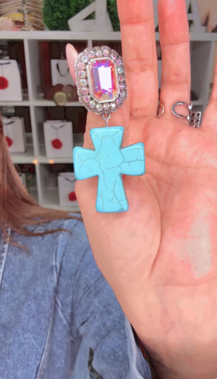 Arete Azul Cruz Vintage y Pedreria (#104)