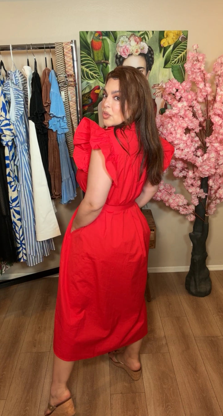 Vestido Rojo Plizado Algodón Y Cinto Midi Princesa (#156)