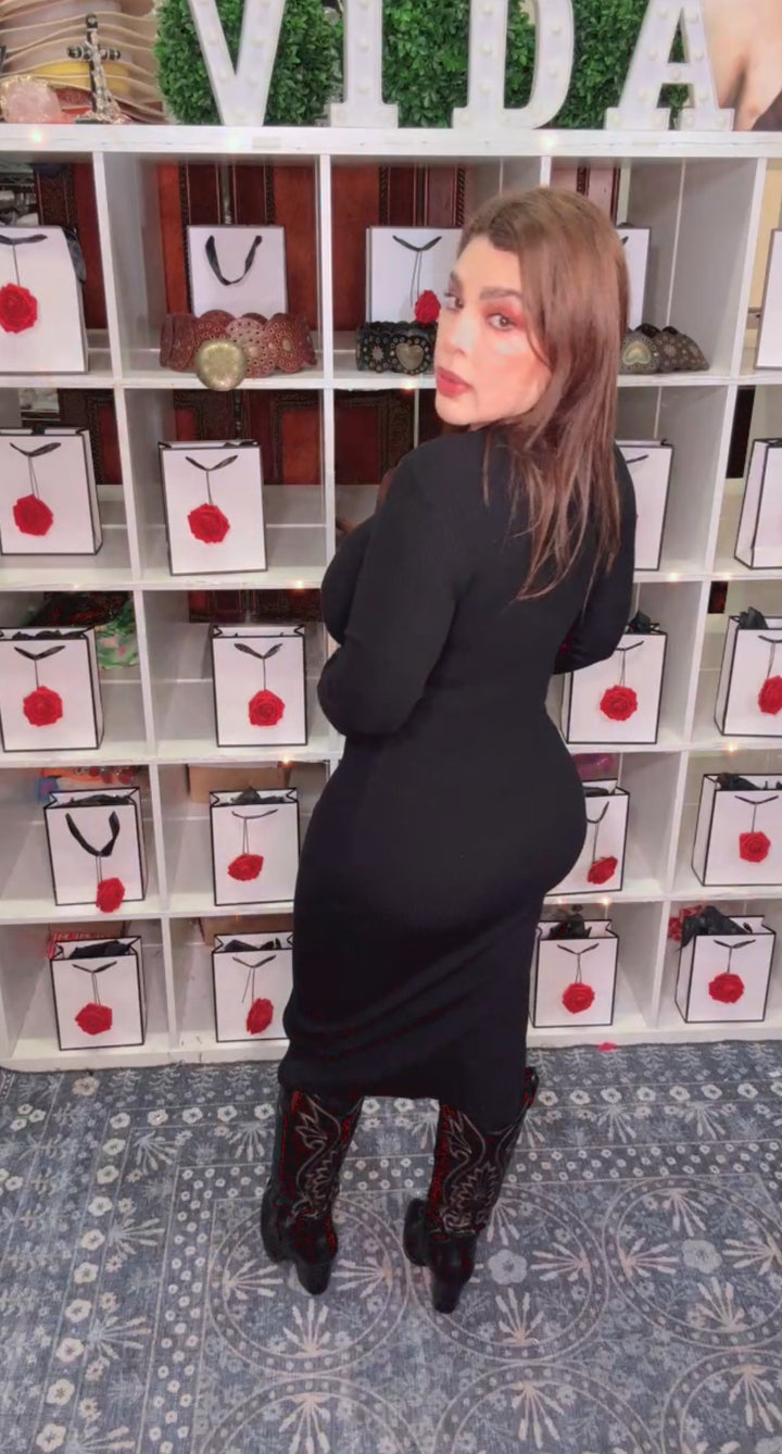 Vestido Negro Sweater Cuello Stretch Bodycon Midi (#129)