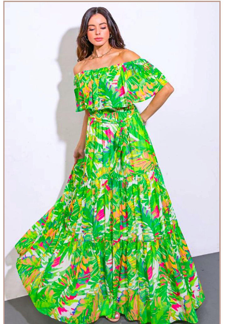 Vestido Verde Estampado Tropical Maxi Off Shoulder (#191)