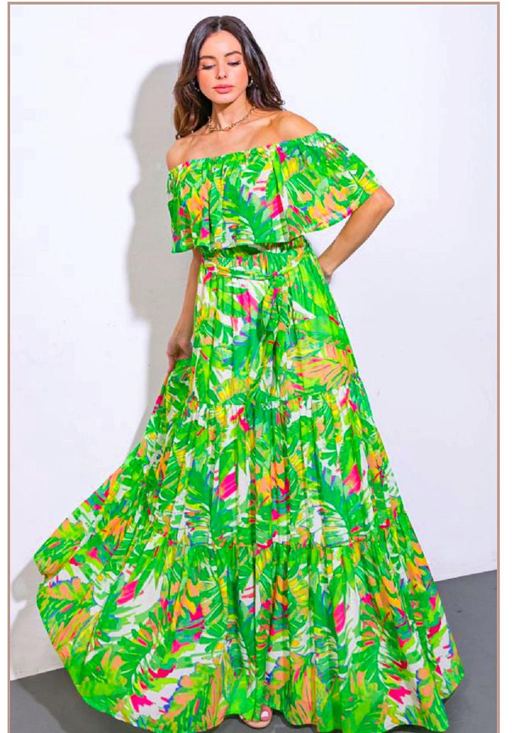 Vestido Verde Estampado Tropical Maxi Off Shoulder (#222)