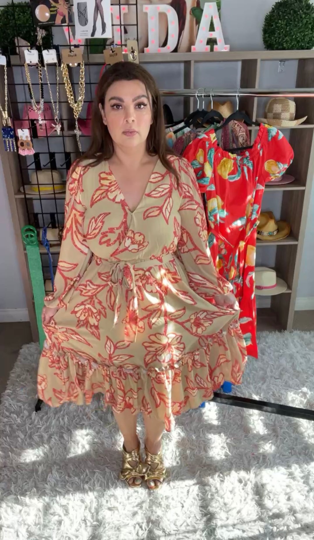 Vestido Olivo Flor Roja Suelto Midi (#279)