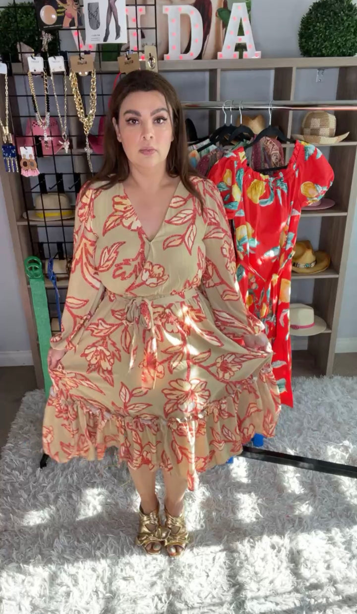 Vestido Olivo Flor Roja Suelto Midi (#279)
