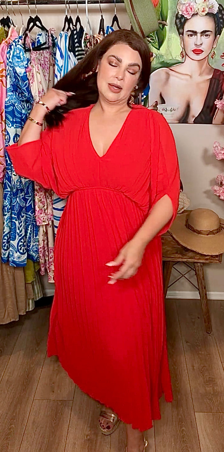 Vestido Rojo Plizado Top Corte Capa Midi (#138)