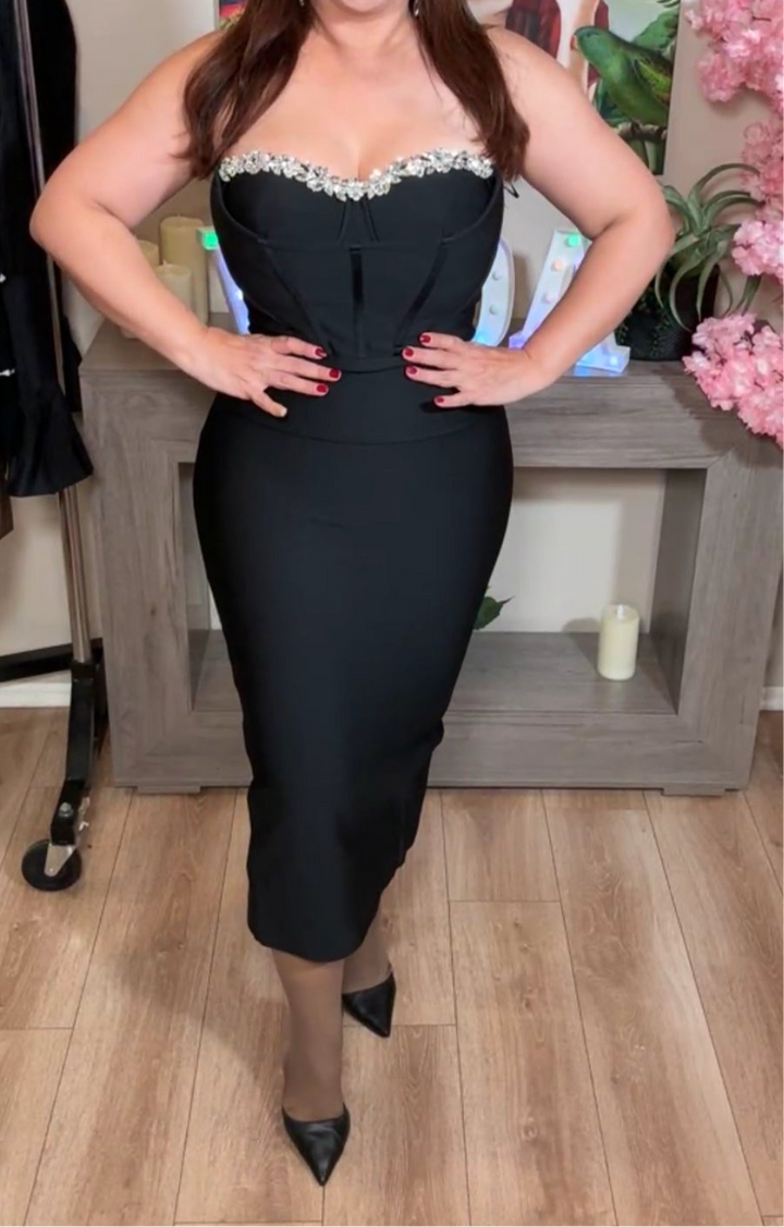 Vestido negro bandage pedrería midi Herve (#140)