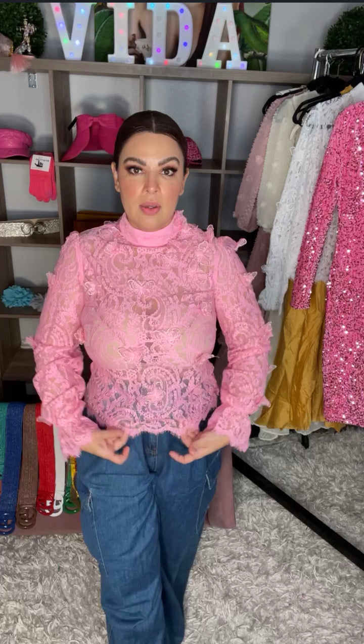 Blusa Rosa Encaje y Mariposas 3D (#102)