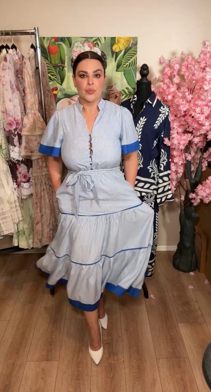 Vestido azul y blanco tallas marinero cintura elastica midi (