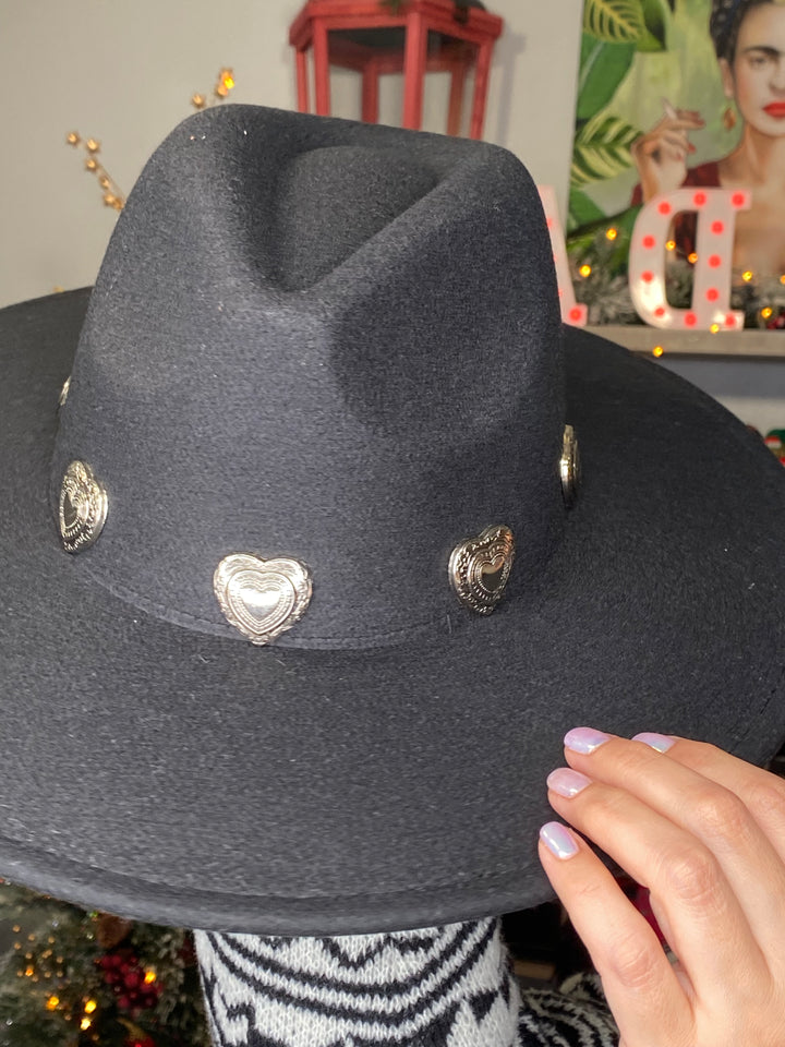 Sombrero Negro Corazones Plata Grabados Western (#133)