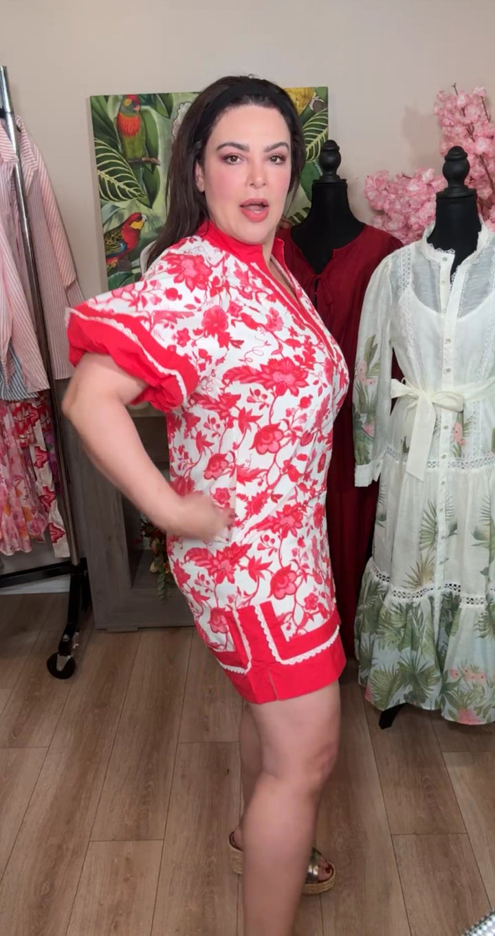 vestido rojo y beige floral mini (