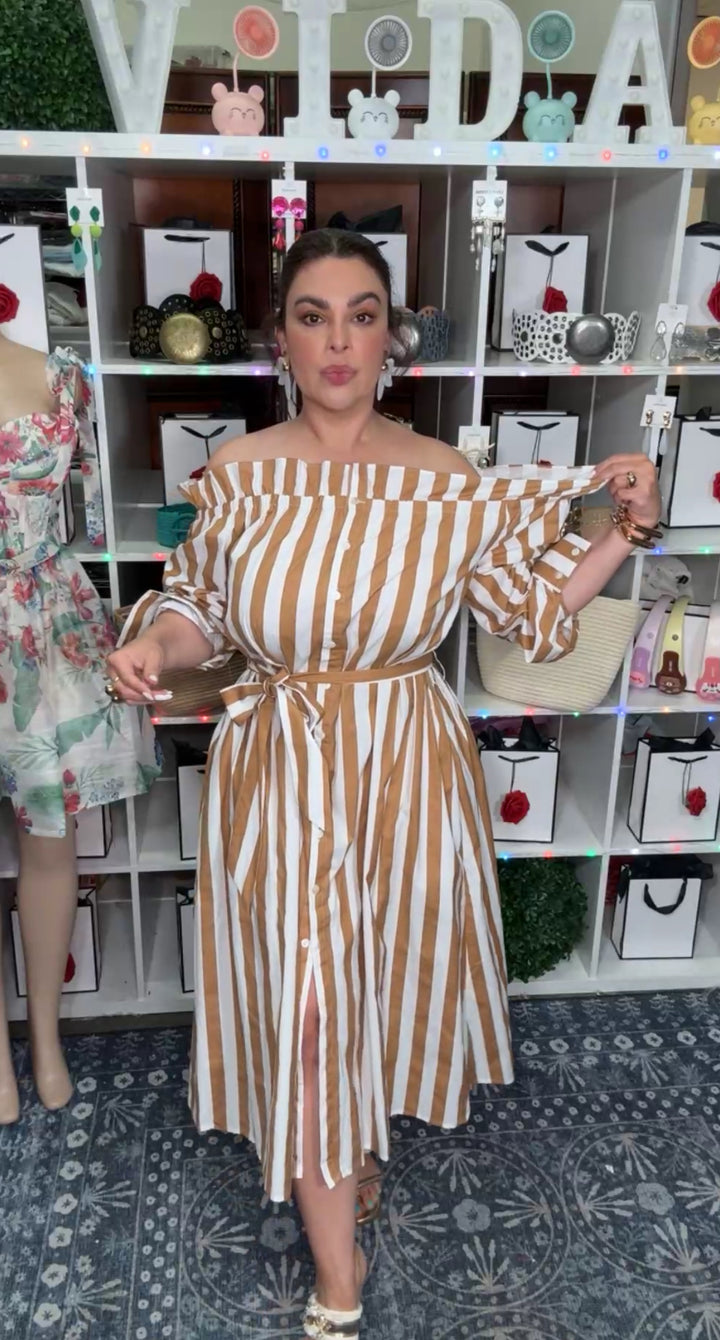 Vestido Café y Blanco Algodon Off Shoulder Lux (#376)