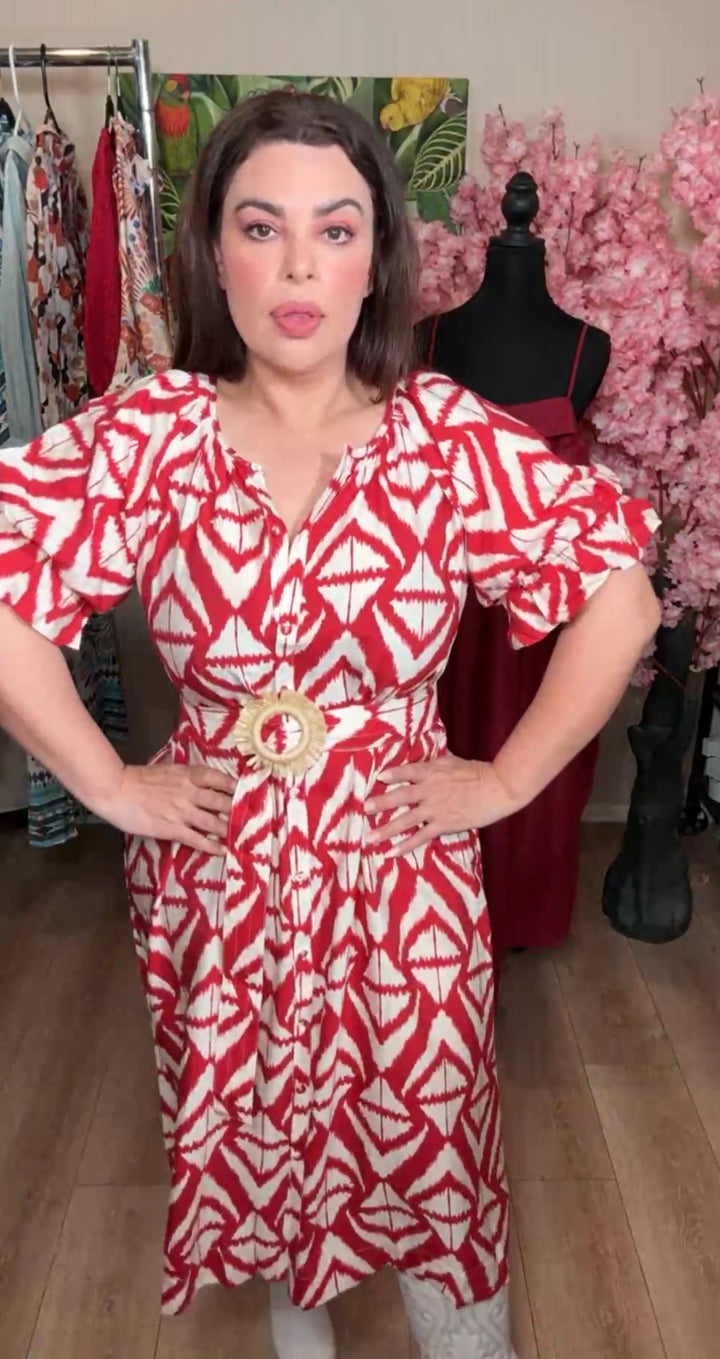 Vestido rojo y blanco cinto rafia midi (#147)