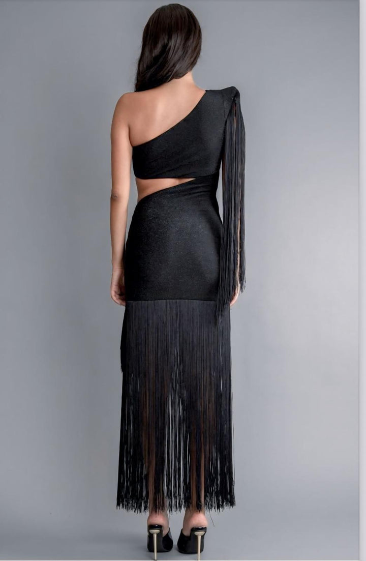 Vestido Negro Stretch Metalico Barbas Tulum Lux (#203)