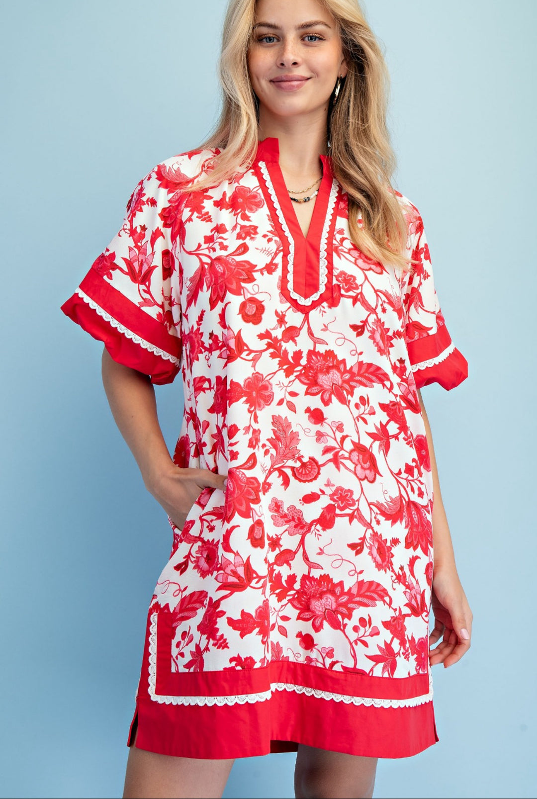 vestido rojo y beige floral mini (