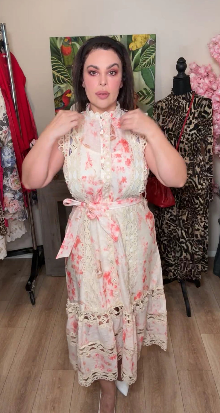 vestido crema flores durazno botón pedrería maxi (#129)