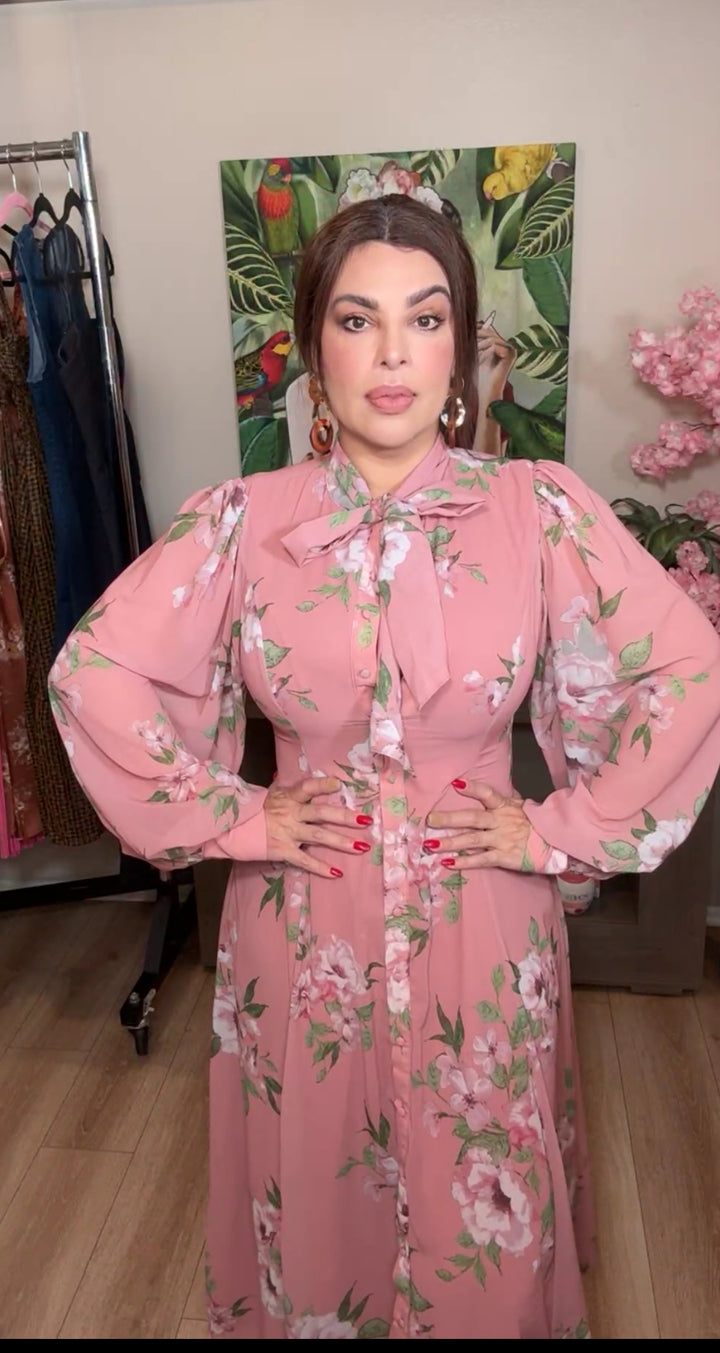 Vestido Mauve Floral En Verde Amarrada Al Cuello Midi (#131)
