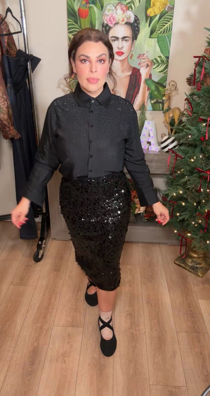 Falda negra lentejuela corte lápiz (#108)