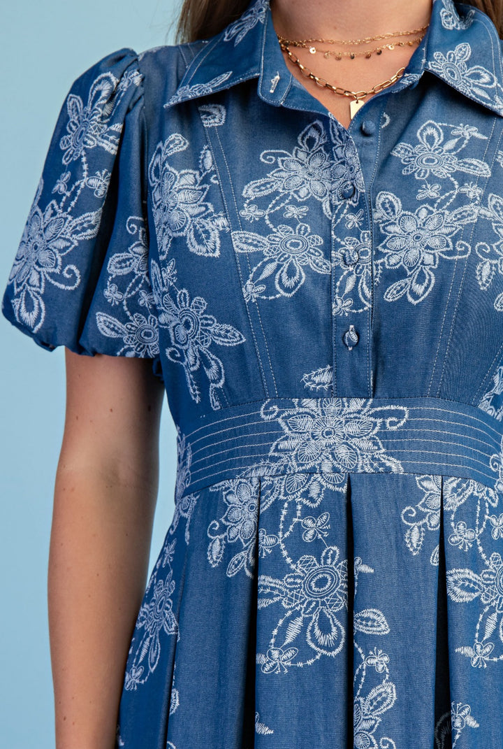 vestido azul denim flores blancas midi (#137)