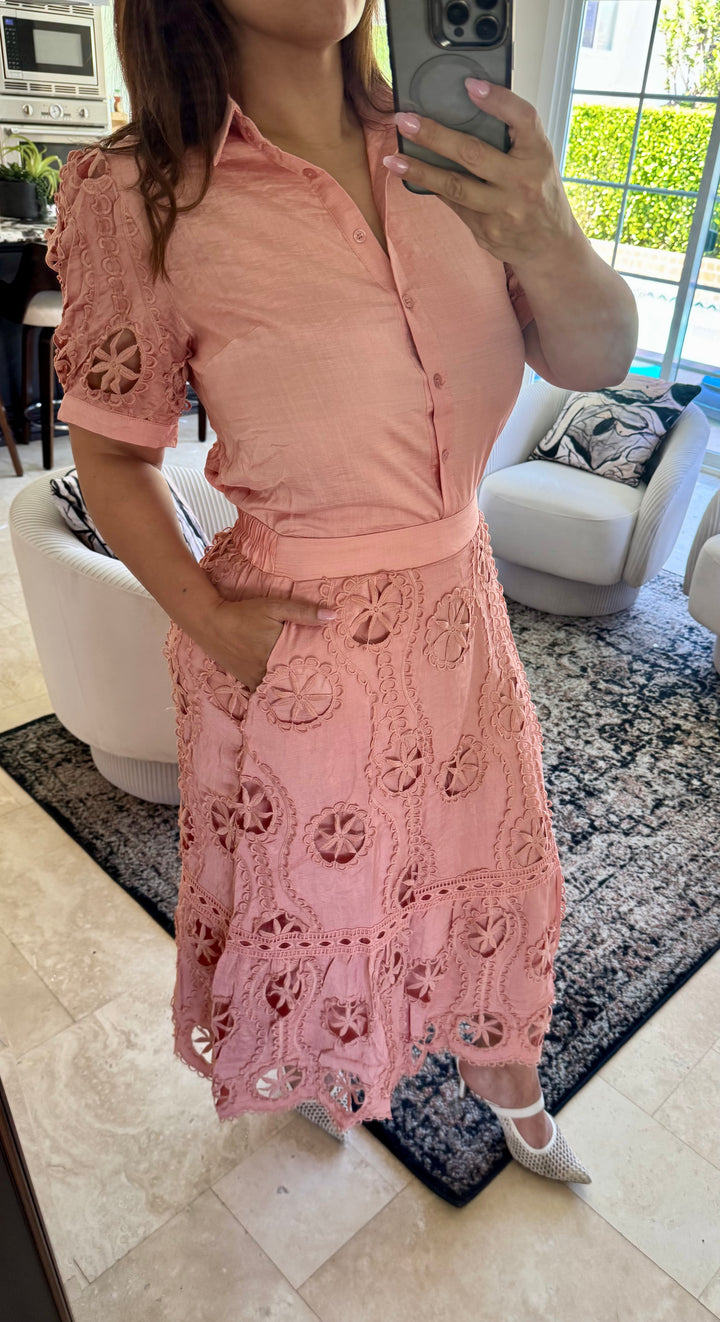 Set Rosa Mauve 2 Piezas Lino Satinado y Crochet Camisa y Falda Elastico en Cintura (
