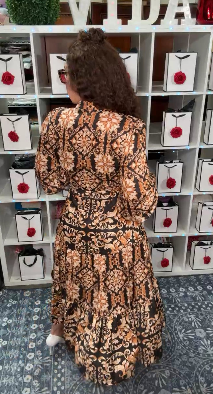 Vestido Negro y Café Paisley Boton Oro Midi (#160)