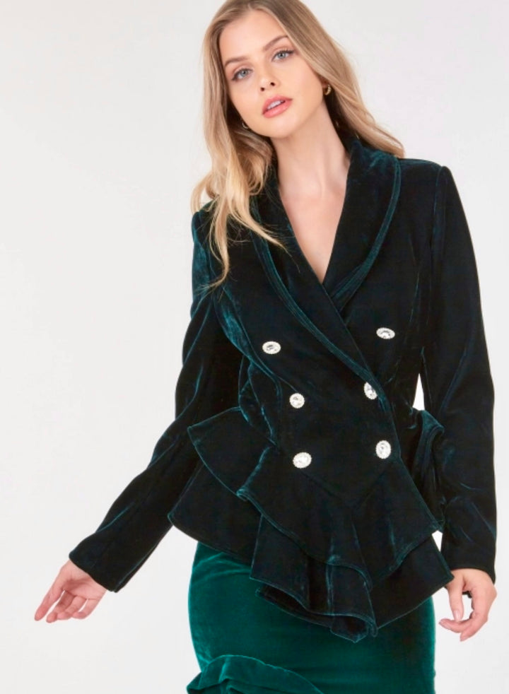 Saco Verde Terciopelo Stretch Peplum Boton Cristal (#152)