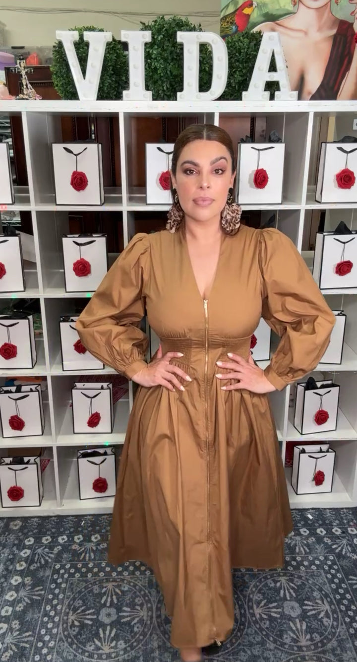 Vestido Camel Zipper Dorado Cintura Elastica Midi (#126)