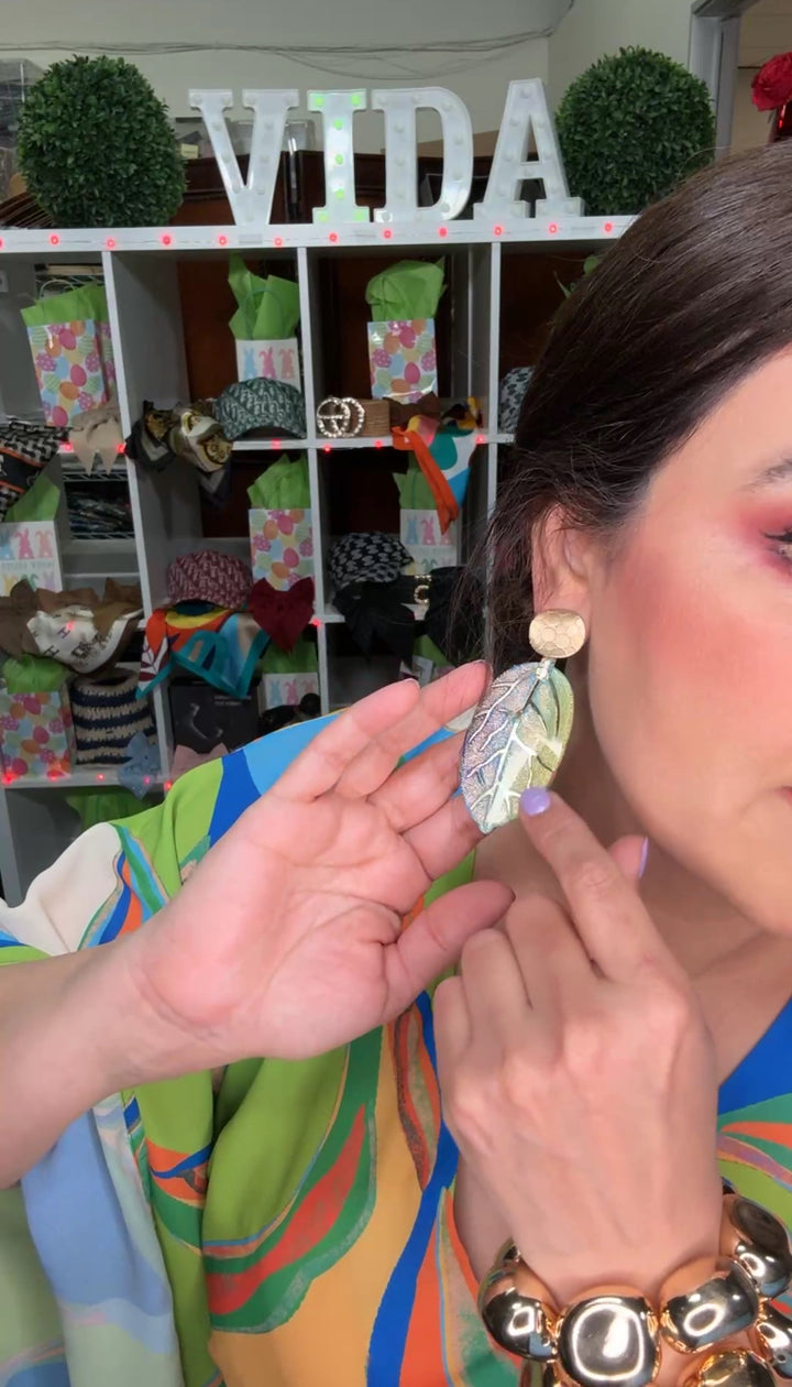 Arete Azul y Verde Hoja con Dorado