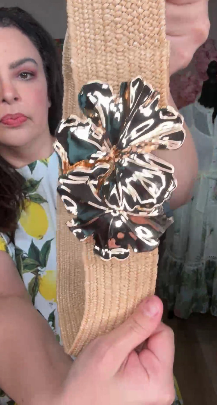 cinto mocha rafia flor oro