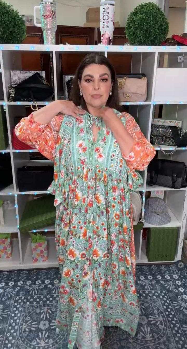 Vestido Verde Menta Floral Naranja Oversized Cintura Ajustable (#223)