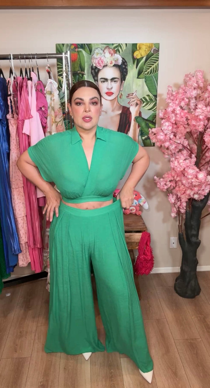 Set Verde Palazzo Top Crossed Linen Mix (#149)