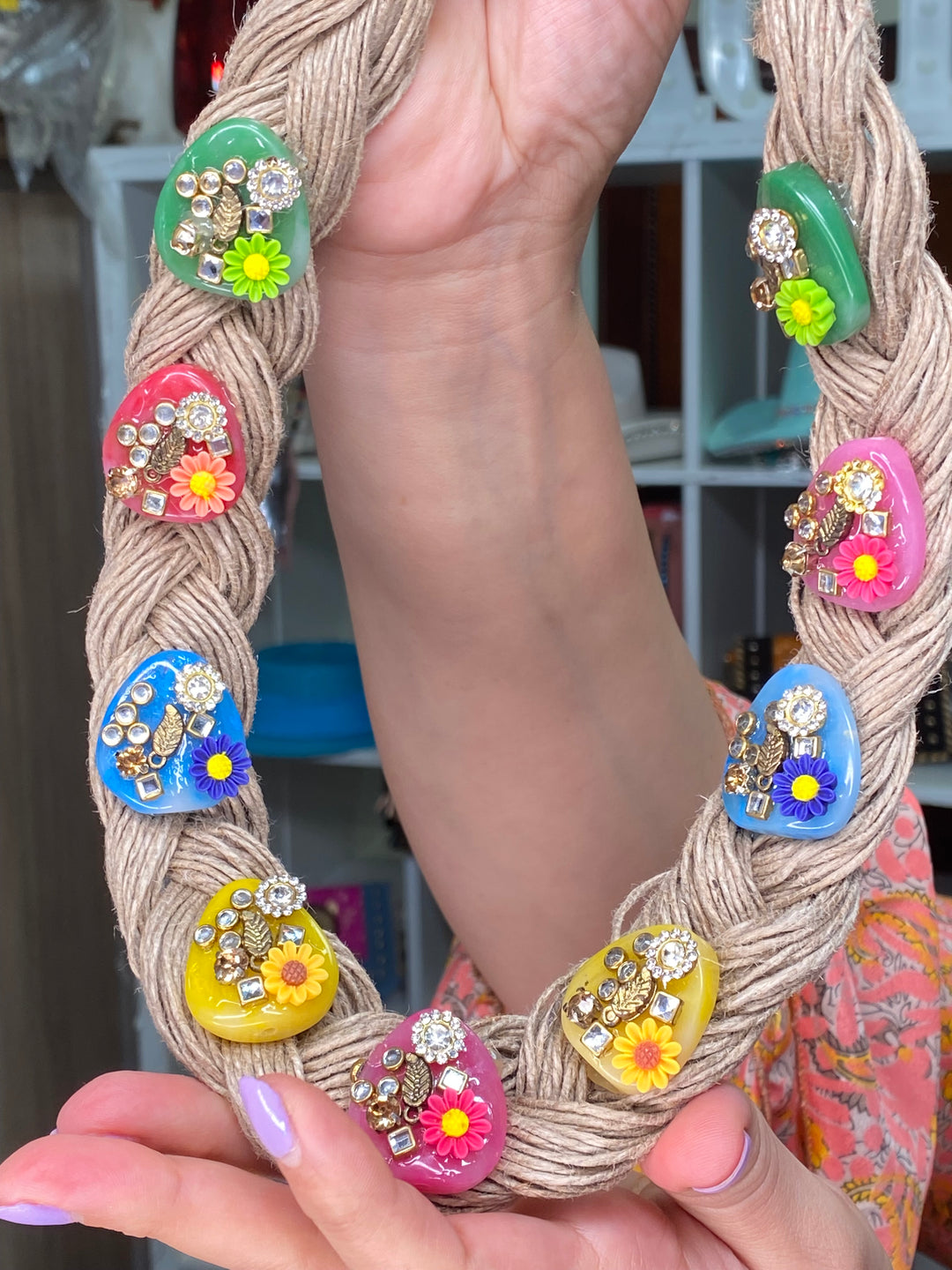 Collar Rafia Piedra Multi Flor Hecho a Mano Organico (#250)