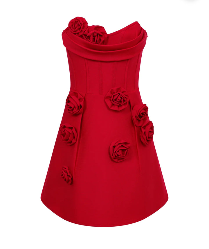 Vestido Rojo Corset Rosas 3D Corte A Stretch (#145)