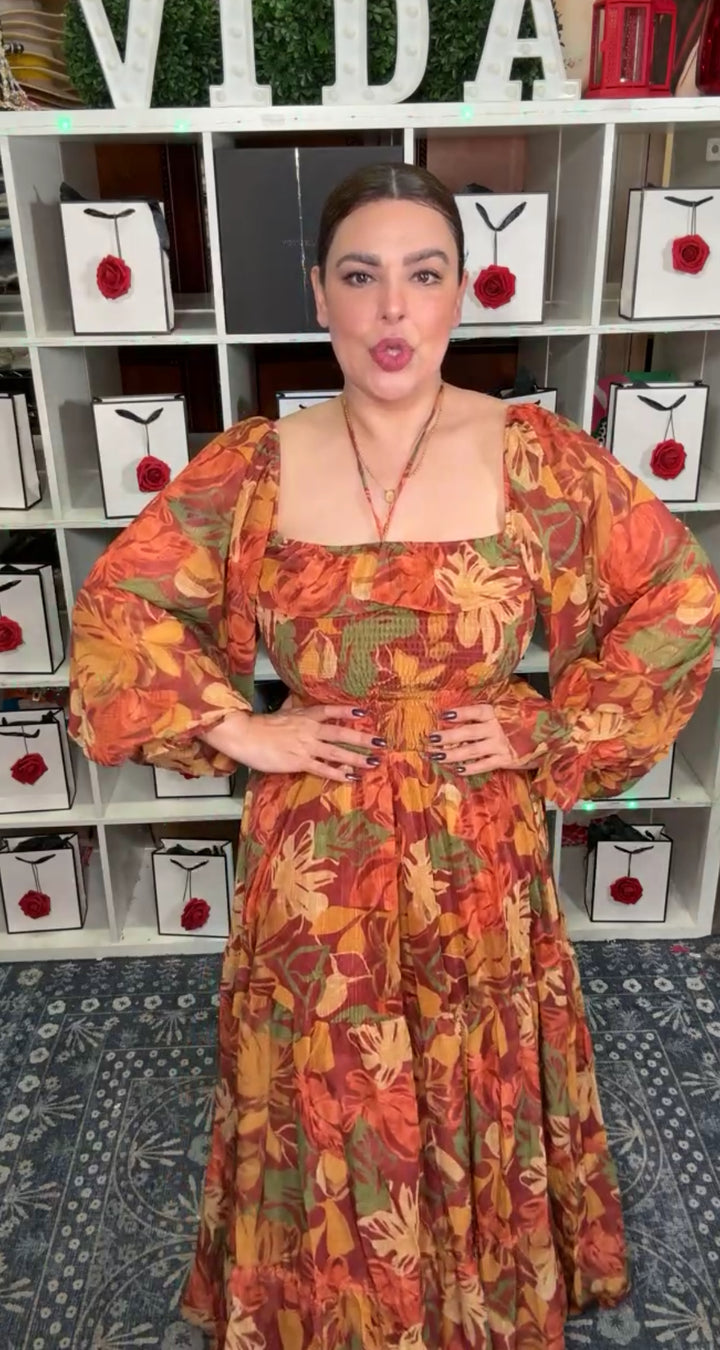 Vestido Terracota Tono Otoñales Floral Maxi Top Elastico