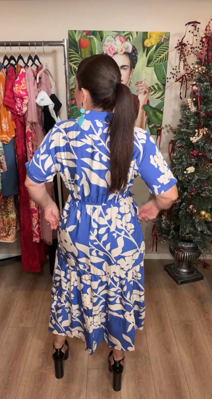Vestido Azul y Crema Flor Lino Con Bolsas Midi (#127)
