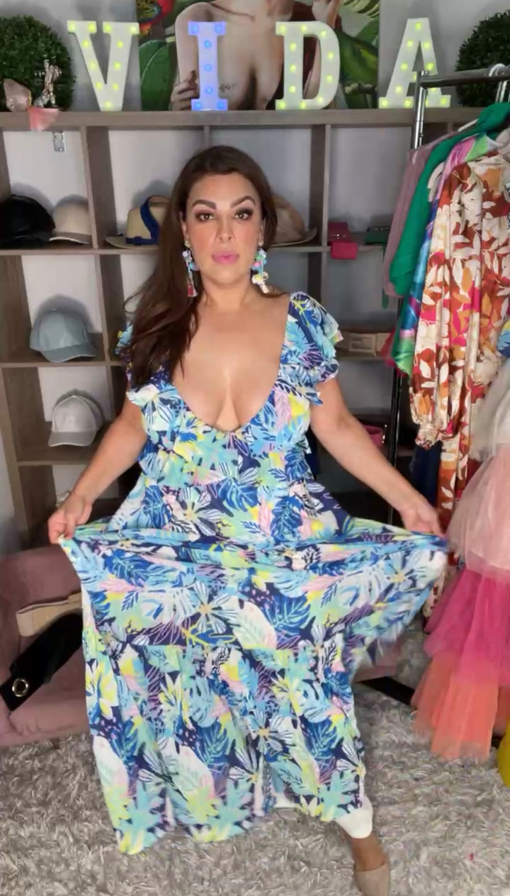Vestido Azul Gaza con Rosa y Amarillo Espalda Libre Maxi (#197)