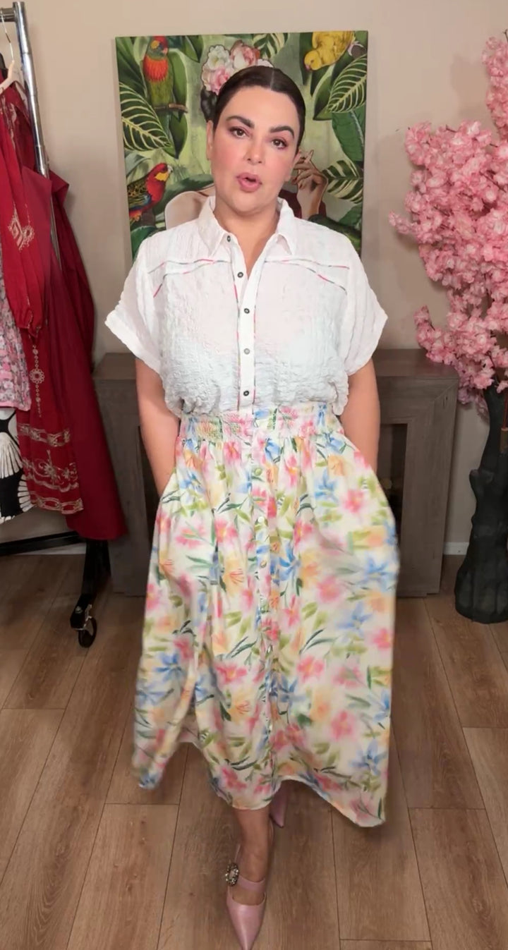 Falda Blanca floral pastel cintura elástica (#127)