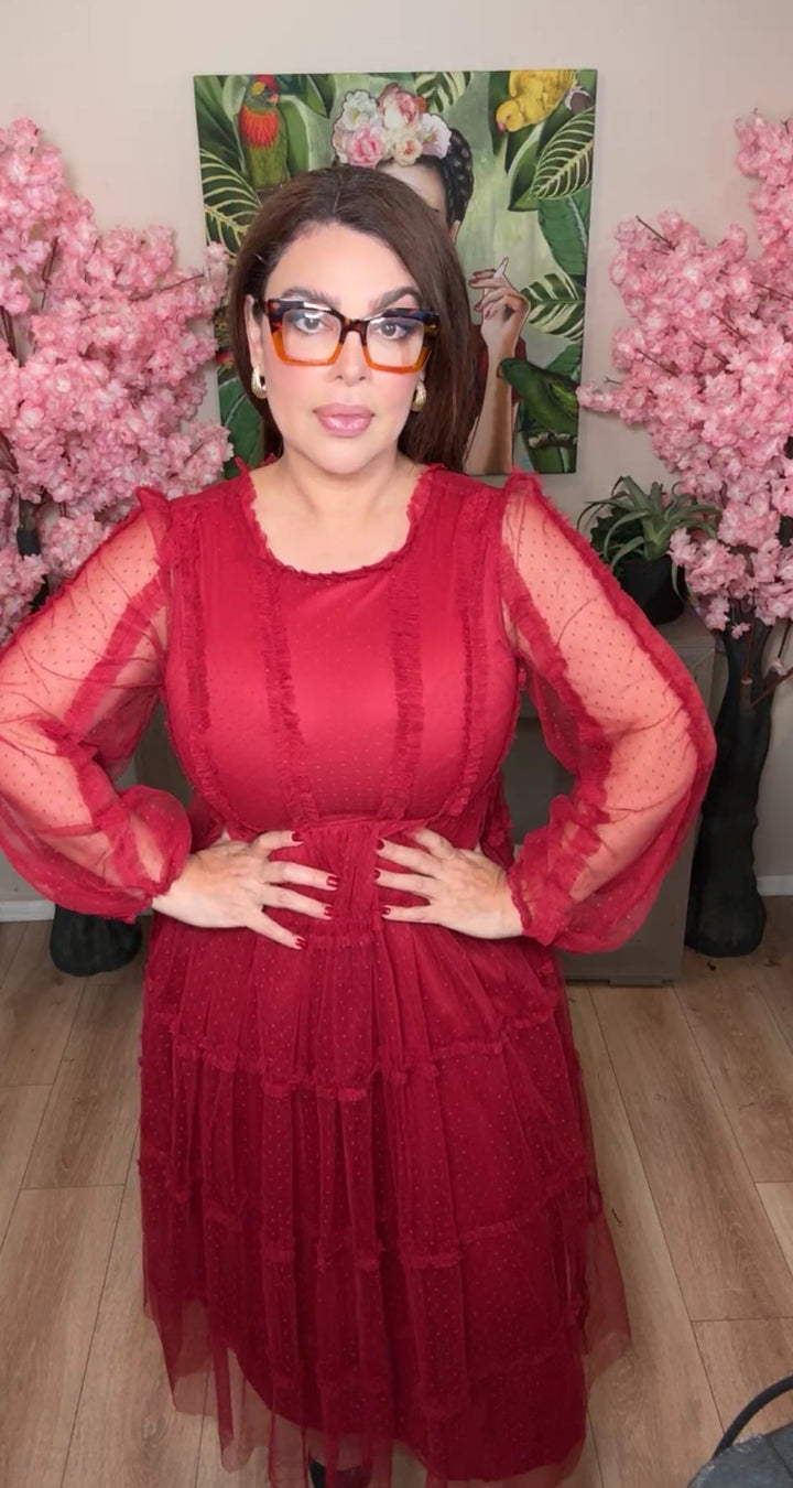 Vestido guinda tul y encaje manga larga corte princesa (#298)