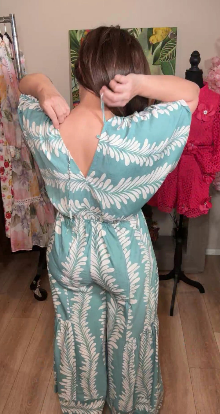 enterizo menta y blanco tropical pierna campana (#132)