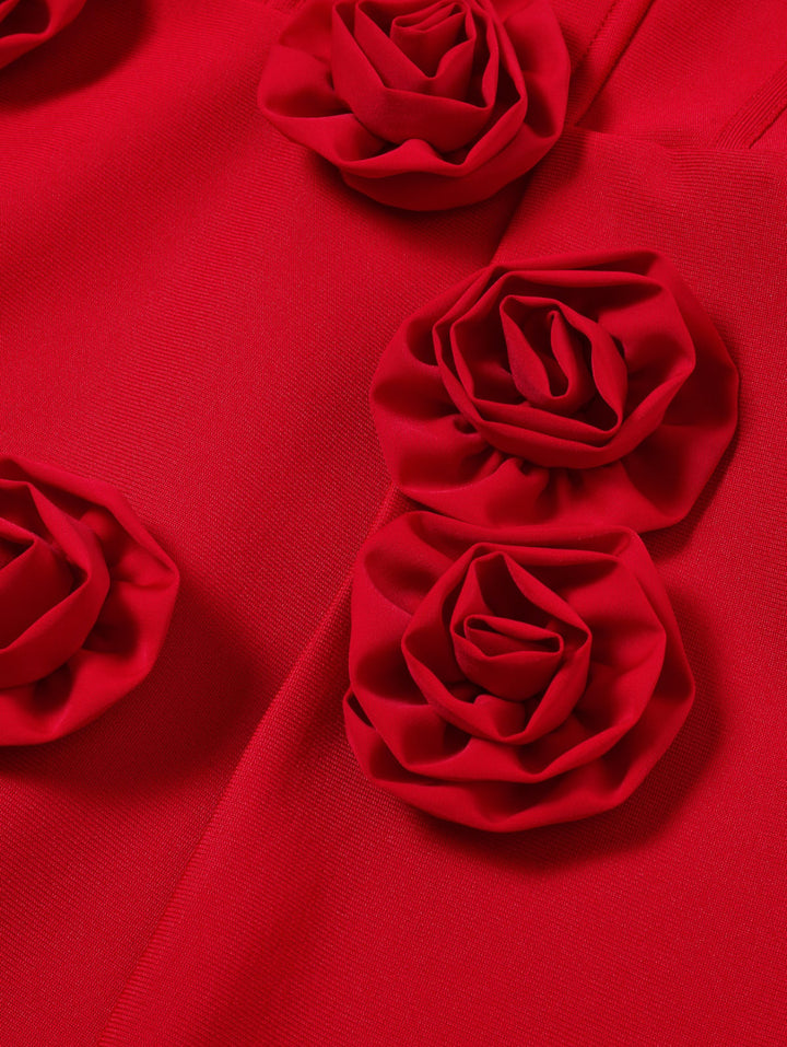 Vestido Rojo Corset Rosas 3D Corte A Stretch (#145)